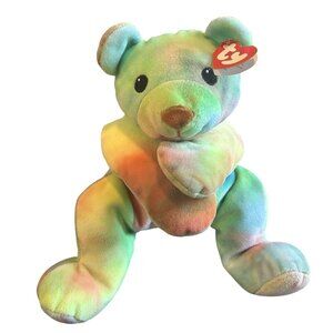 TY Pillow Pet 14" Vintage 1998 Tie-Dye Plush Bear With Pink Bow & Heart Tag